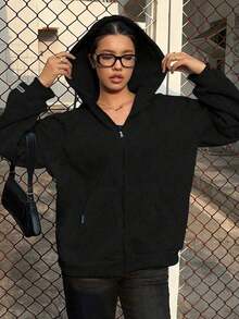 1pc Teen Girls' Solid Color Minimalist Collegiate Style Casual Hooded Jacket