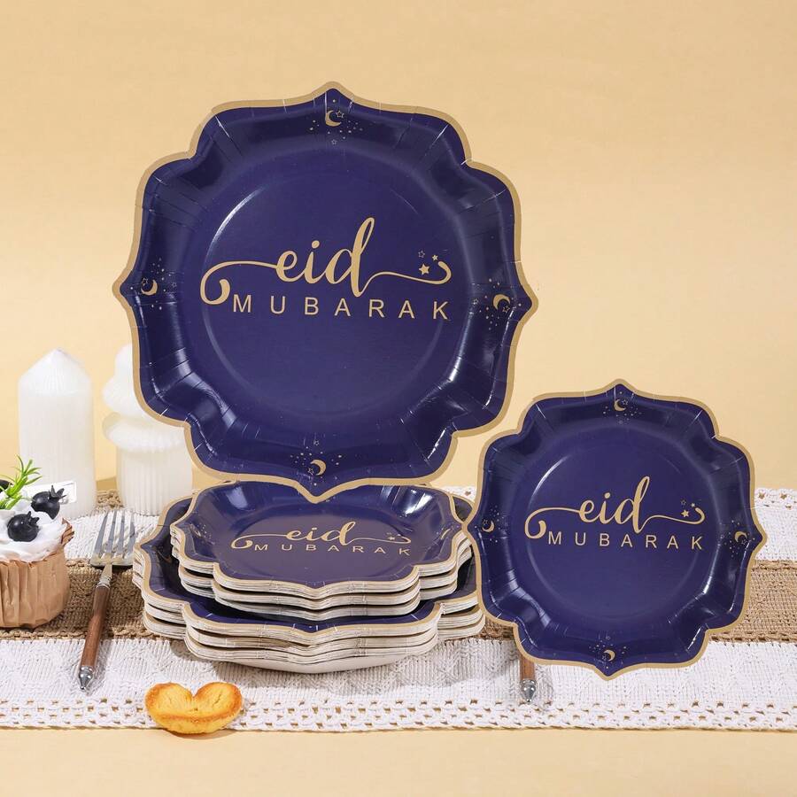10/20/40/50个装，深蓝色和金色开斋节快乐纸盘，白色扇形开斋节甜点盘，开斋节快乐餐盘，2026年开斋节和斋月派对节日装饰餐具，扇形蛋糕盘，适合斋月、开斋节、派对装饰 - 藍色 - 查看 1