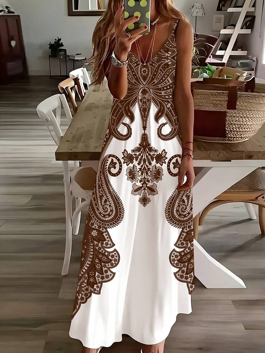 Vintage Floral Print V-Neck Sleeveless Summer Dress Vacation Party Elegant