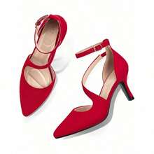 Sexy Crystal Ankle Strap Pointed Toe Stiletto Pumps – Elegant Wedding & Party Shoes For Women, New Arrival Heels - 紅色絨面革 - 查看 1