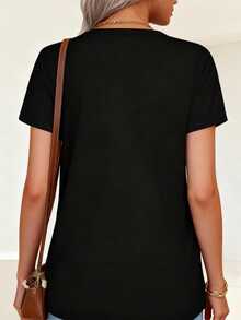 Camiseta Negra con Estampado de Árbol de Gemas Coloridas para Mujer Moda Casual Verano - Negro - Ver 2