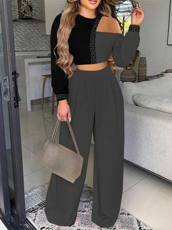 休闲风修身拼接印花长袖圆领T恤衬衫梭织直筒裤女士夏装两件套