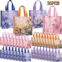 20个优雅花卉植物图案手提袋 - 无纺布涤纶派对礼品袋，尺寸为9x8.46x4.33英寸，适用于婚礼、生日等场合 - 彩色 - 查看 2