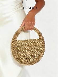 Elegant Hollow Handmade Metal Beaded Woven Pearl Round Handbag, Shiny Glamorous Tote Bag For Parties, Weddings, Fairy-Like, Beaded Bag - Vàng - Xem 1