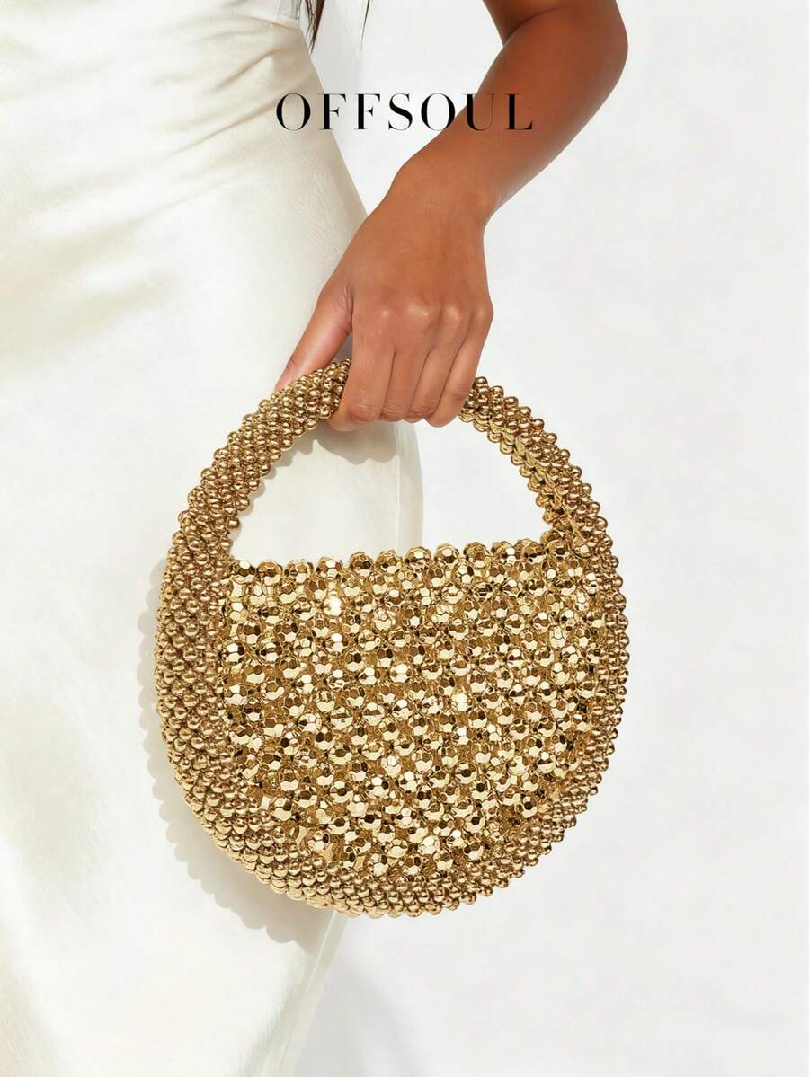 Elegant Hollow Handmade Metal Beaded Woven Pearl Round Handbag, Shiny Glamorous Tote Bag For Parties, Weddings, Fairy-Like, Beaded Bag - Vàng - Xem 1