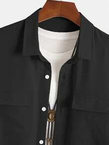 Voidago Men's Solid Color Fabric Comfortable Breathable Material Polo Collar Double Pocket Loose Long Sleeve Shirt, Contrast Color Drawstring Decor - Black - View 6