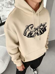 男士休闲日常通勤简约印花袋鼠口袋抽绳连帽衫，秋冬款 - 杏色 - 查看 1