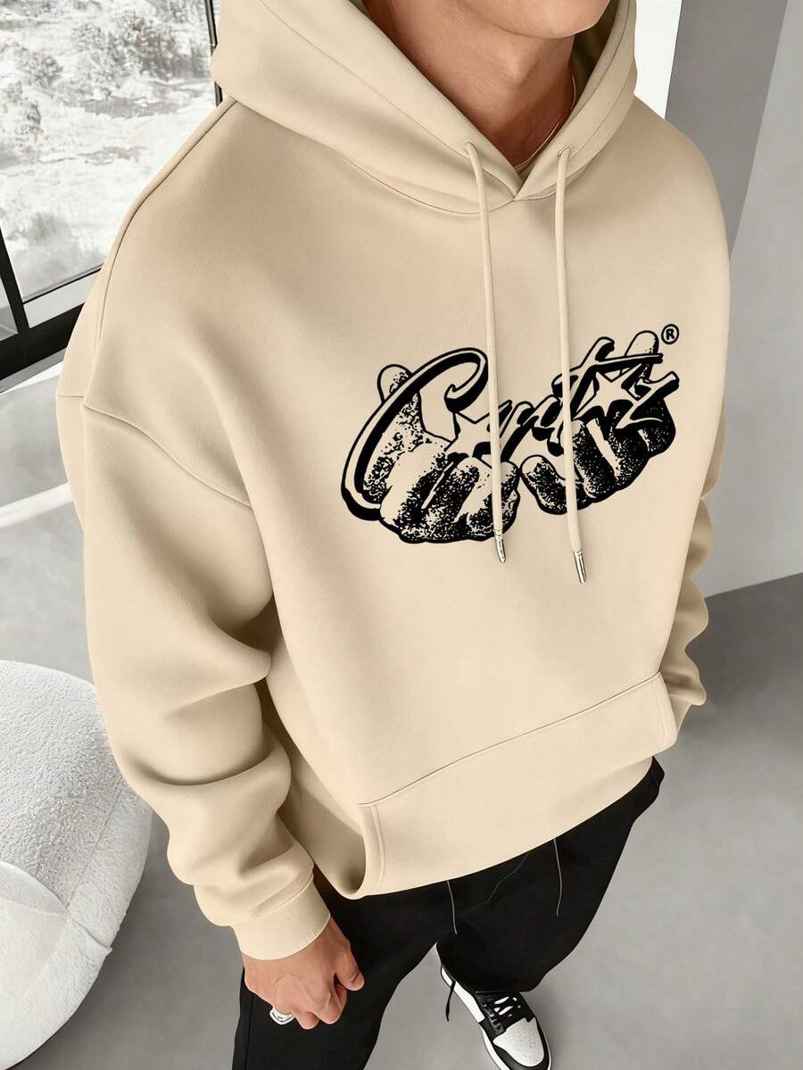 男士休闲日常通勤简约印花袋鼠口袋抽绳连帽衫，秋冬款 - 杏色 - 查看 1