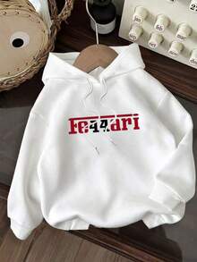 Casual Hoodie With Circular Design, Letter Print And Adjustable Drawstring - [White] - View 6