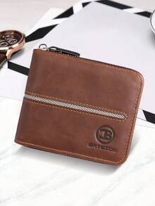 Billetera vintage para hombres, diseño con cremallera, estilo de negocios con grabado de letras, portafolios de tarjetas de crédito, billetera plegable portátil, versátil para el uso diario, gran opción de regalo