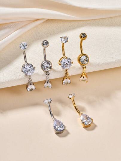 1 件朋克不锈钢方晶锆石水滴肚脐环，金银肚脐环耳钉吊坠肚脐环吊坠肚脐穿孔饰品女士日常装饰