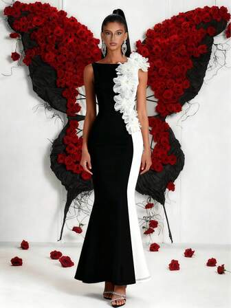 女士优雅撞色3D立体花卉装饰派对礼服