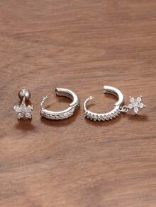 3PCS Stainless Steel Zirconia Flower Earring Set For Women, 18K Gold Plated Hypoallergenic Tragus Helix Hoops Ear Stud Cartilage Piercing Jewelry For Daily Ware