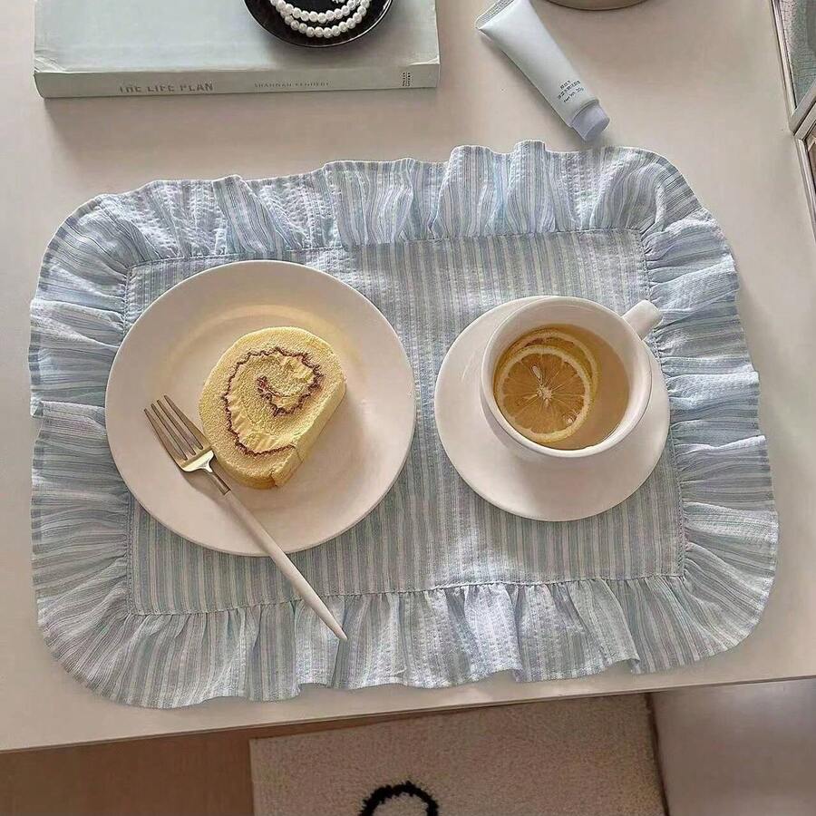 1件/2件/6件装韩式ins风蓝白条纹荷叶边餐巾，法式荷叶边餐垫，清新餐桌布 - 彩色 - 查看 1