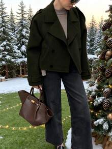 Women's Solid Color Lapel NeckLong Sleeve Double-Breasted Casual Wool Blend Loose Fit Jacket Outerwear, Winter Jacket, Winter Coat, Women Coat - Army Green - View 3