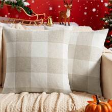 1pc Classic Plaid Pattern Linen Pillow Cover, Autumn Winter Cushion Case For Living Room Sofa Decoration - Beige - View 4