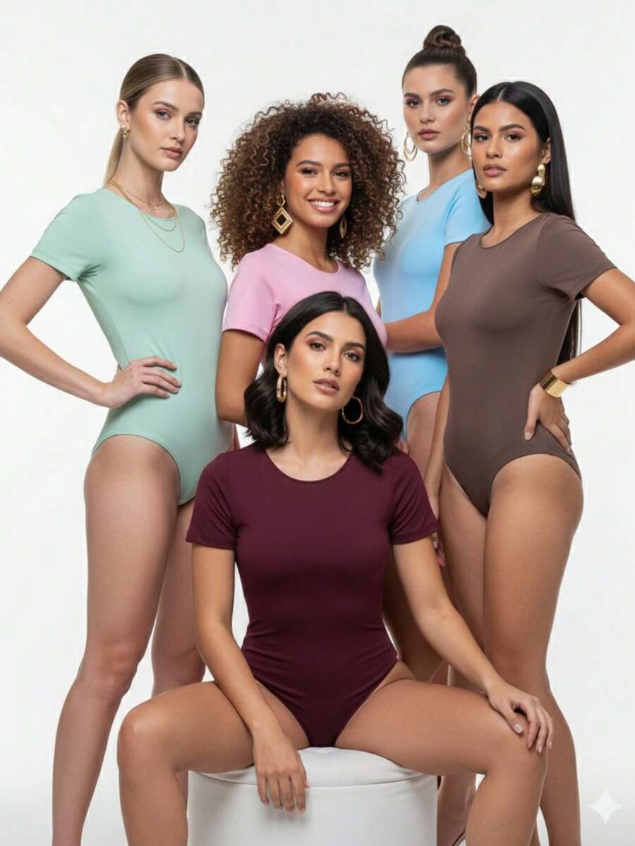 Set Of 5 Basic Women's Short-Sleeve Bodysuits – Neutral Colors. Fitted – Essential Basics. Comfortable And Fitted Design. Ideal For Casual And Modern Looks. Casual And Elegant. Fabric With Beads. Vacation. Daily Wear. Birthday Party. Travel. Bachelorette Party. Sports And Fitness. - 粉紅色 藍色 綠色 葡萄酒 咖啡 - 查看 1