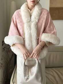 1pc Winter Solid Color Pearl Button Fuzzy Poncho For Dress - Multicolor - View 8