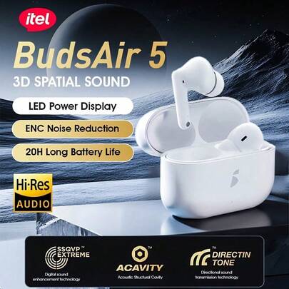 itel BudsAir 5 Semi-In-Ear Bluetooth Earbuds,Lightweight In-Ear Design,36-Hour Extended Playback,AI Translation Support ,360° Spatial Audio,60ms Low Latency