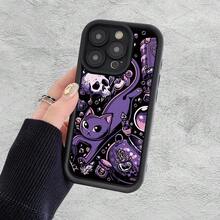 Purple Witchy Cat With Skulls, Potions & Occult Elements Patterned Fine-Hole Black Matte Step Phone Case, Comfortable Grip, Exquisite Printing, Novel Design, Compatible With IPhone 17/16/15/14/13/12/11/X And  S/A S25/S24/S23/S22/S21 PLUS ULTRAlong Sleeve Tops - 款式1(1pc) - 查看 3