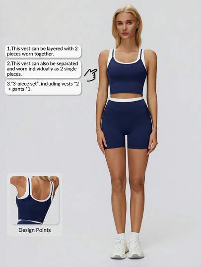 MASKERT 女士撞色运动三件套：二合一无袖露脐背心+高腰短裤，修身设计，塑形提臀，适合瑜伽和健身