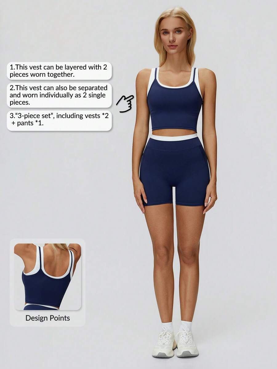 MASKERT Bộ đồ thể thao 3 món phối màu dành cho nữ: Áo tank top không tay dáng ngắn hai trong một + quần short cạp cao, thiết kế ôm sát, tôn dáng, thích hợp cho yoga và thể dục. - Màu xanh hải quân - Xem 1