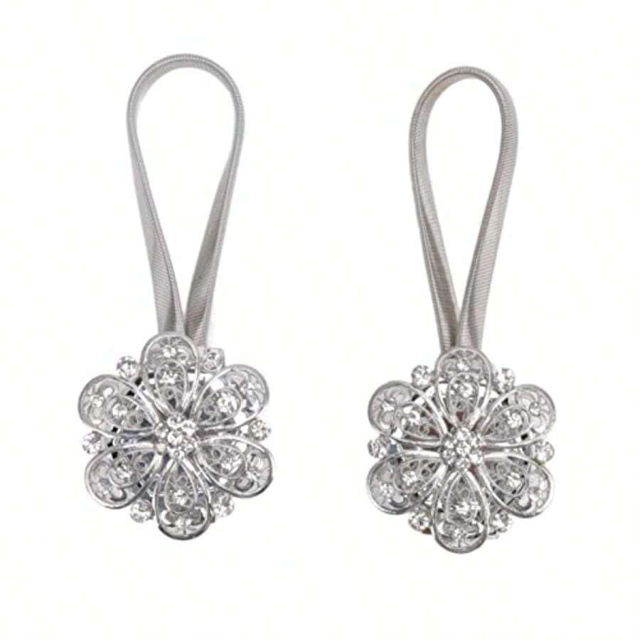 QY- Alzapaños Magnéticos de Cristal para Cortina Clips de Flores para Sala de Estar y Dormitorio 2 uds. -6194 - Plateado - Ver 1