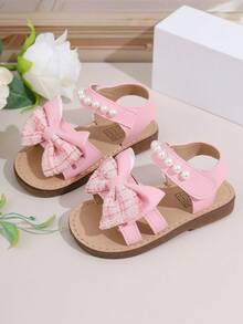 2026 Girls' Pearl Decor Sandals, Adorned With Plaid Oversized Bow, Soft Upper Material, Non-Slip & Durable, Open Toe Design, Flat, Elegant Princess Style, Suitable For Daily Shopping, Festivals And Birthday Parties - Pink - View 5