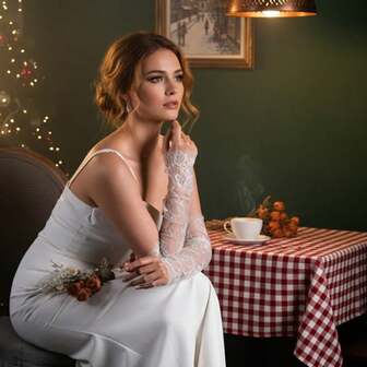 1 par vita eleganta spetslånga handskar, brudklänning, bröllopsstyling, fotografering, klänningstillbehör, ärmar