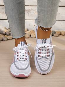 2026新款女士透气针织运动鞋，软底轻便舒适，时尚休闲网面鞋 - 白粉 - 查看 3