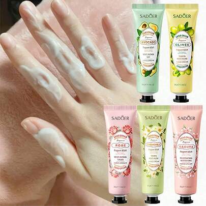 5pcs/Box Colorful Floral & Fruit Hand Cream Set, Containing Various Plant Extracts, Moisturizing, Anti-Cracking, Fading Fine Lines, Whitening & Firming, Long-Lasting Fragrance, Soothing & Repairing Dry & Chapped Hands, Portable, Avocado/Olive/Chamomile/Rose/Cherry Blossom Scents, Great Gift For Christmas And Valentine's Day.