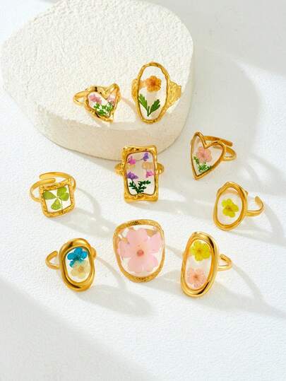 1pc Handmade Geometric Minimalist Dried Flower Heart-Shaped Ring For Women, Suitable For Daily Wear, Parties, And Valentine's Day Gift