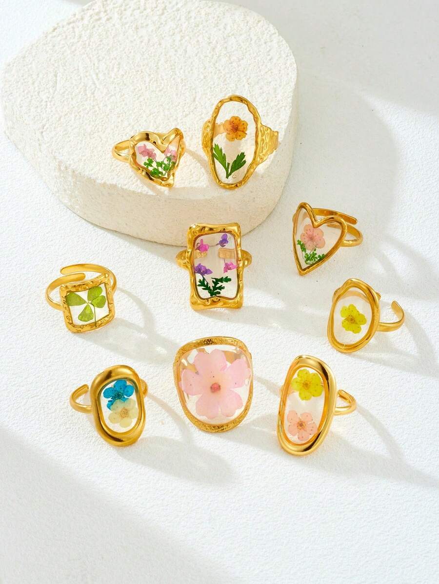 1pc Handmade Geometric Minimalist Dried Flower Heart-Shaped Ring For Women, Suitable For Daily Wear, Parties, And Valentine's Day Gift - 40466 - View 1