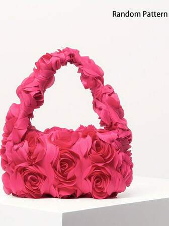Unique Handle Design | Elegant Rose Pattern Evening Clutch - Fashionable Polyester Material, Zipper Closure, Suitable For Weddings And Parties, A Sweet Choice For Valentine's Day, Available In Multiple Colors, Elegant Wallet, The Perfect Gift For Girls.