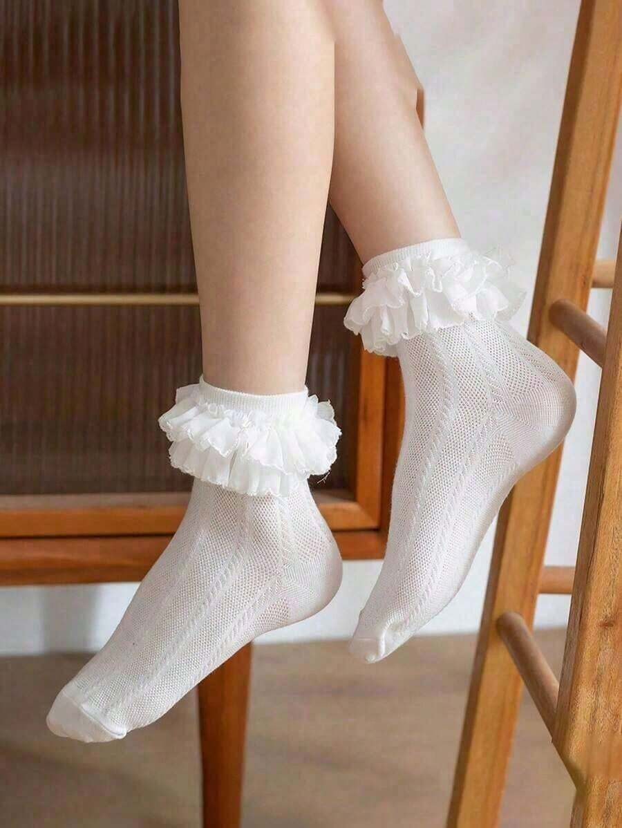 1 Pair Solid Color Cute Pleated Ruffle/Frill Ankle Socks, Versatile & Adorable For Everyday Wear At Home - White - View 1