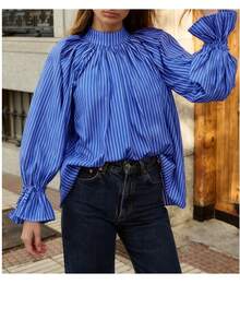Plus Size Women's Elegant Striped Print Stand Collar Tie-Front Ruffle Sleeve Loose Blouse, Suitable For Work And Commute, Spring/Autumn - Blue - View 5