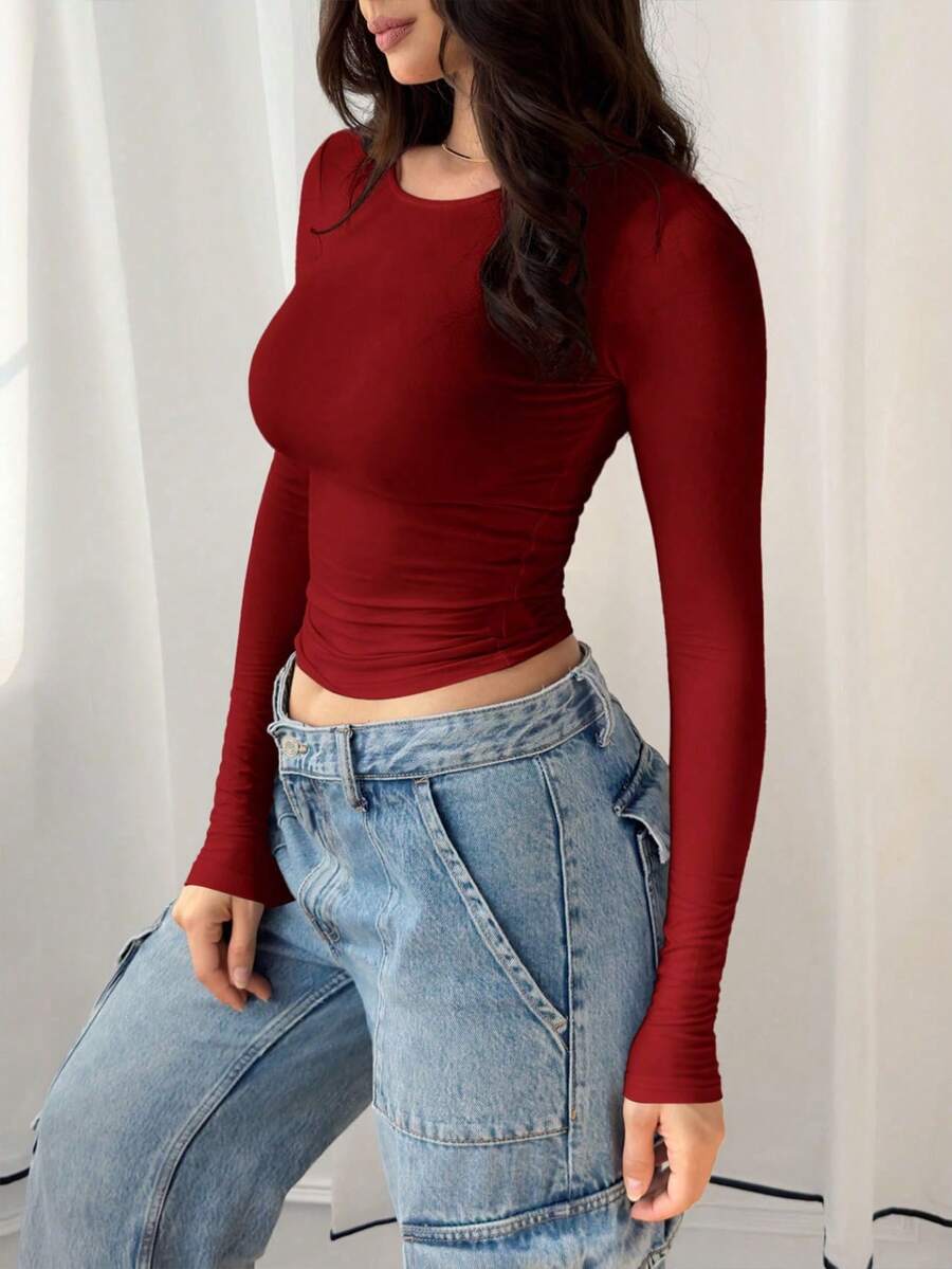 Elegant & Versatile Women Plain Crew Neck Long Sleeve Ruched Fitted Slim Fit T-Shirt,Suitable For Summer And Autumn/Winter Seasons - 紅色 - 查看 1