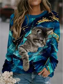 Women's Casual 3D Printed Cat & Cosmic Pattern Long Sleeve Sweatshirt - Soft Round Neck Pullover With Relaxed Fit, Machine Washable Autumn Fashion Top, Weekend Attire, Playful Design, Durable Construction, Followers - Style - View 1