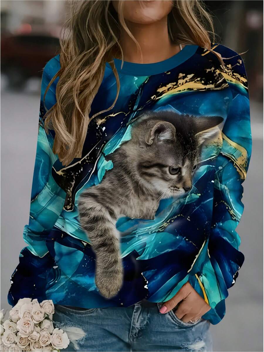 Women's Casual 3D Printed Cat & Cosmic Pattern Long Sleeve Sweatshirt - Soft Round Neck Pullover With Relaxed Fit, Machine Washable Autumn Fashion Top, Weekend Attire, Playful Design, Durable Construction, Followers - Style - View 1
