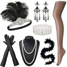 Bộ 5 món: Băng đô lông vũ phong cách retro thập niên 1920, khăn choàng đính sequin, vòng cổ ngọc trai giả, bông tai, găng tay đen - Phụ kiện trang phục cho dạ hội hóa trang, tiệc tùng, váy dạ hội trang trọng, đi biển, kỳ nghỉ, phụ kiện, đồ dùng cần thiết khi đi du lịch. - Nhiều màu - Xem 16