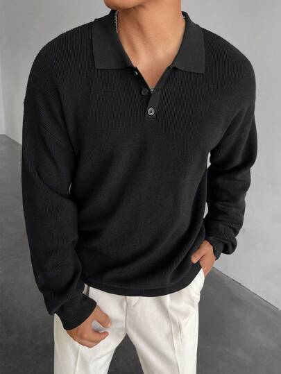 WAIT HIM Men's Solid Color Long Sleeve Half-Placket Button Casual Sweater