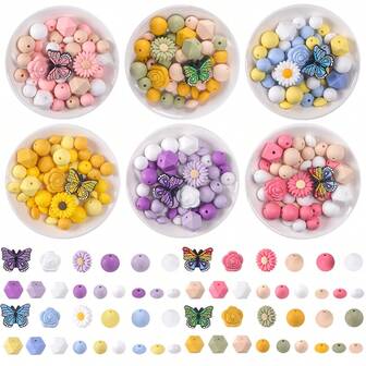 42颗/套 时尚可爱硅胶珠 - 雏菊蝴蝶玫瑰饰品制作套装，男女皆宜的DIY串珠工艺材料，手工装饰珠，可用于制作项链、手链、钥匙扣、证件卡、挂绳、笔等，是学生、上班族和手工爱好者的完美礼物。