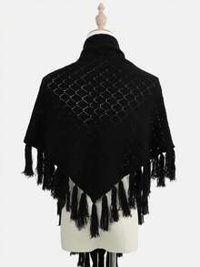 1条女士纯色三角流苏针织围巾，秋冬季 - 黑色 - 查看 4