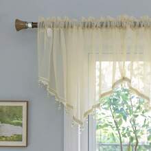 PearAge Beaded Sheer Valance Ctains Living Room,Rod Pocket Farmhouse Window Valance, Bead Trim Tassel Voile Sheer Ctain Valance Bedroom Bathroom Cafe 51x24 Inches (Beige) 1PC - Mineral Blue - View 8