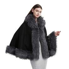 1  Elegant    Oversized Cape  Winter  Faux Fox Fur Trim Cardigan Cloak  Shawl Wraps Winter Poncho Oversized Cape  Gift Idea For Women Mom  Cloak Coat - màu đen - Xem 2