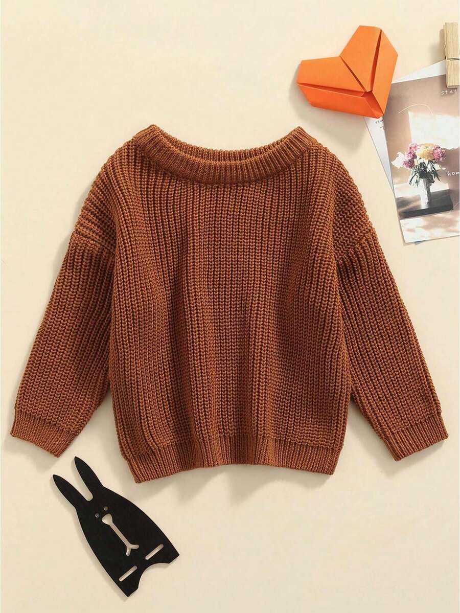 Suéter de punto para bebé niña y niño, jersey de cuello redondo de manga larga de color liso para otoño e invierno - Marrón - Ver 1