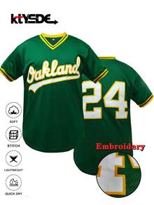 KTYSDE 男士24号绿色复古棒球衫，奥克兰刺绣字母，宽松V领短袖套头运动衫，适合日常休闲穿着、街头服饰、棒球、高尔夫训练，球迷礼物，春季款 - 綠色 - 查看 1