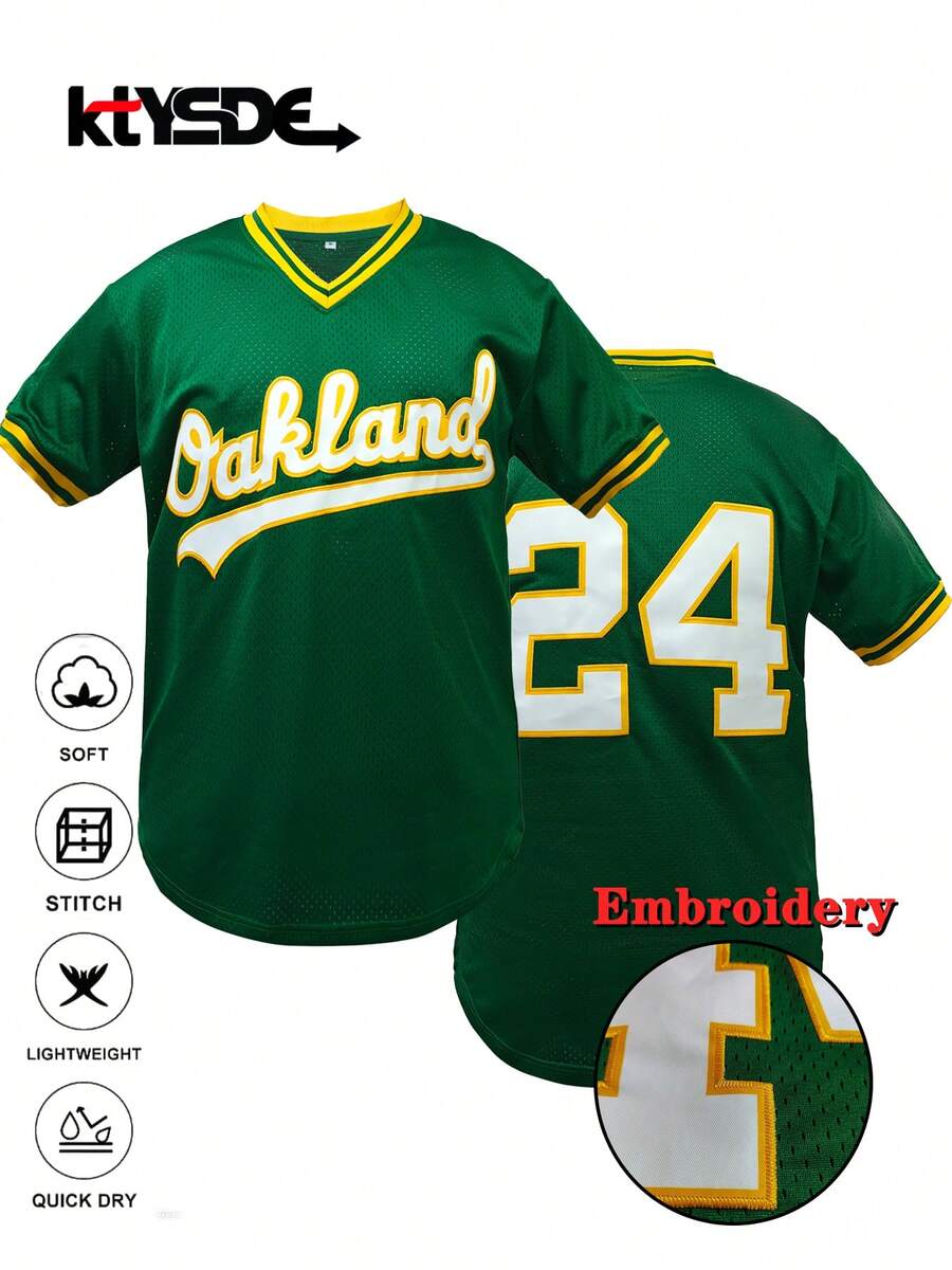 KTYSDE 男士24号绿色复古棒球衫，奥克兰刺绣字母，宽松V领短袖套头运动衫，适合日常休闲穿着、街头服饰、棒球、高尔夫训练，球迷礼物，春季款 - 綠色 - 查看 1