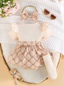 3pcs/Set Cute Bow Print Baby Girl Bodysuit With Headband And Socks, Daily Outfit