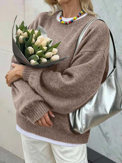 FÖR SKÖNHET Höst och vinter Ny enfärgad Enkel rund hals Långärmad Daglig Casual Lazy Style Stickad tröja Stickad topp, Mode Löst och varmt Pendling Style Tröjor För Dam Pullover Nyår